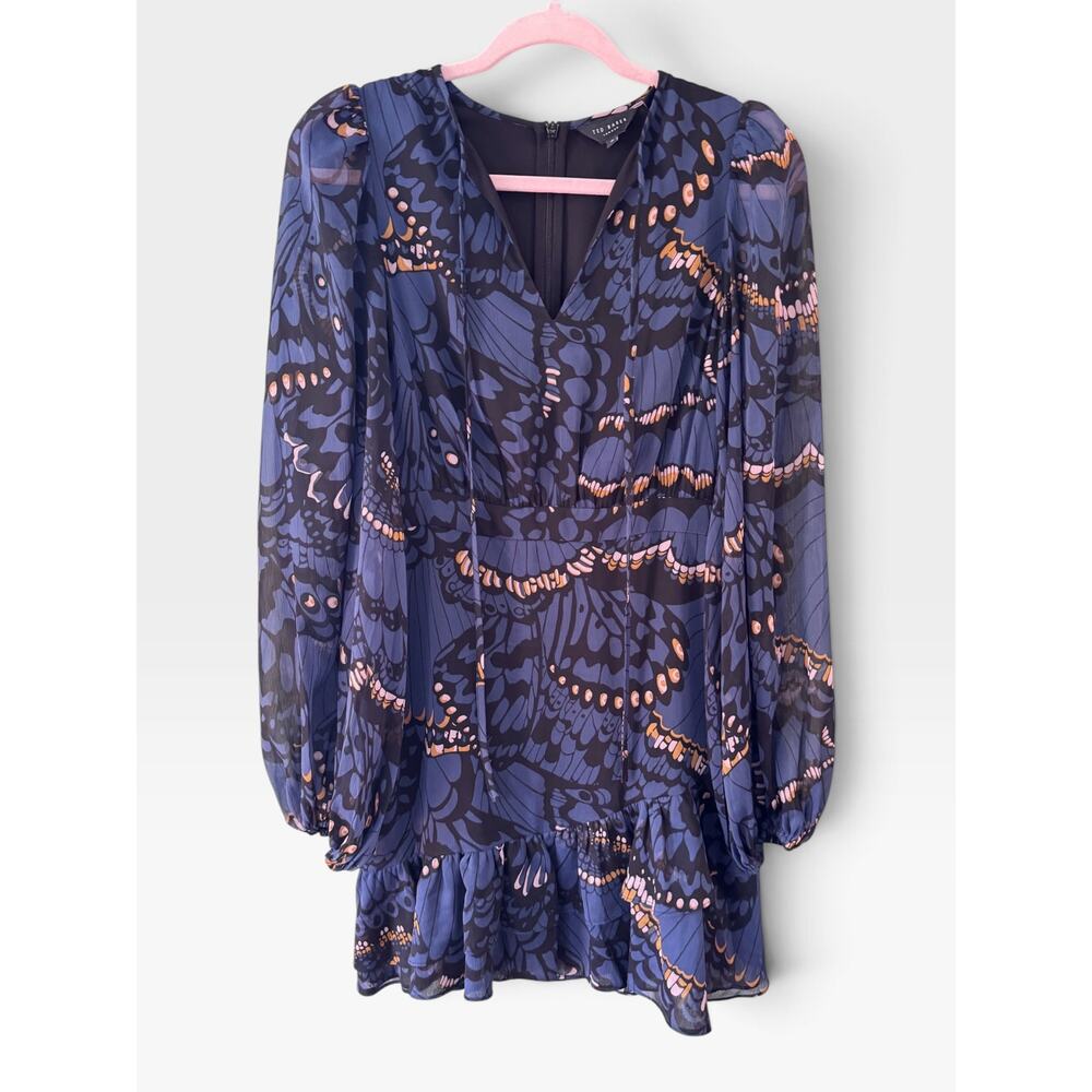 TED BAKER Pollei Ruffled Asymmetric Mini Long-sleeve Dress Size 0 Balloon Sleeve - Picture 2 of 11